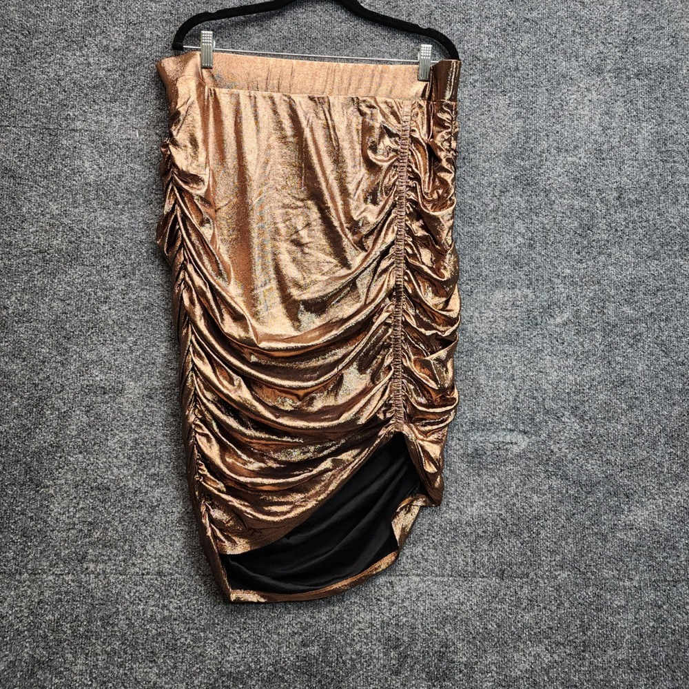 NWT Torrid Plus Metallic Copper Ruched Stretch Disco Glamour Party Midi Skirt 2X